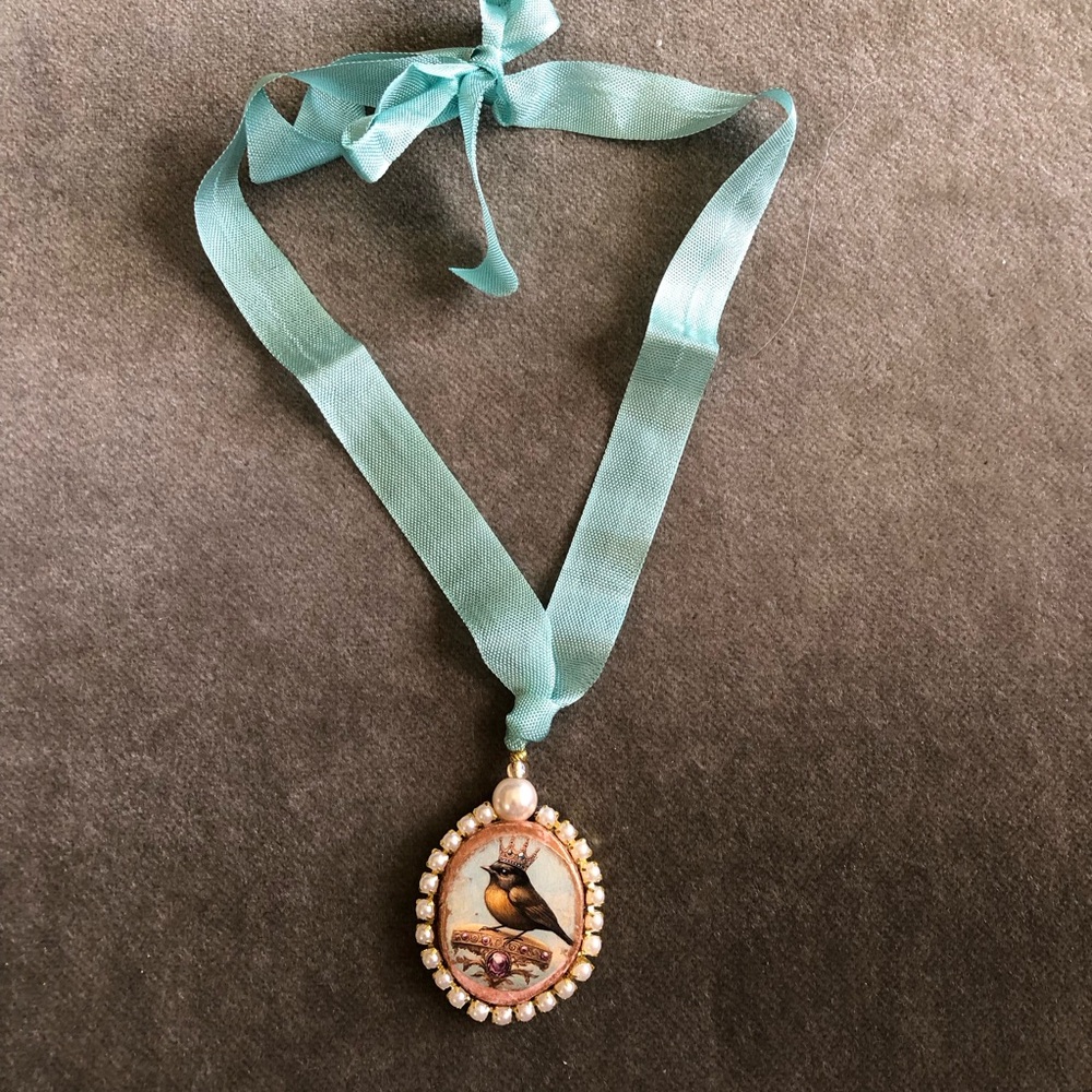 Handmade Elegant Blue Ribbon Pendant Necklace with bird and faux pearl edging